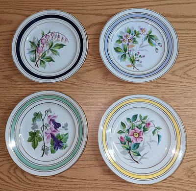 4 Vintage Victoria Hand Painted 8 1/4 Plates. Each porcelain plate is approx 8 1/4" x 8 1/4" x 