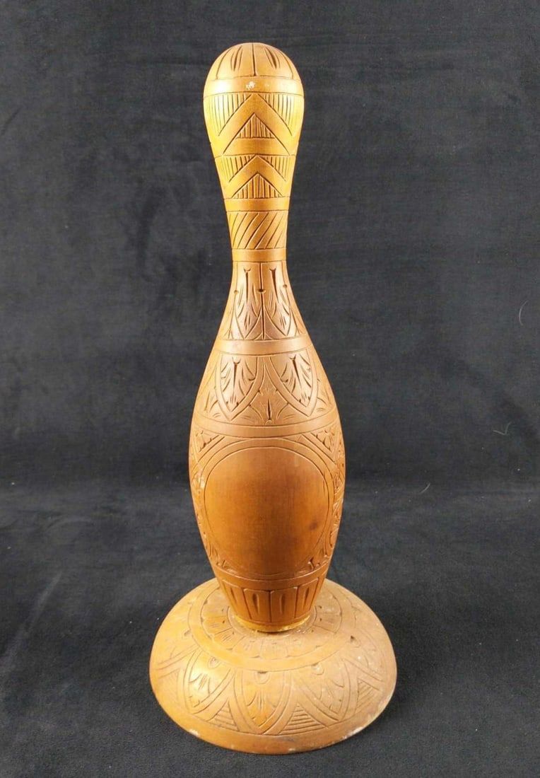 Lot 156: Vintage Hand Carved Wooden Bowling Pin With Stand