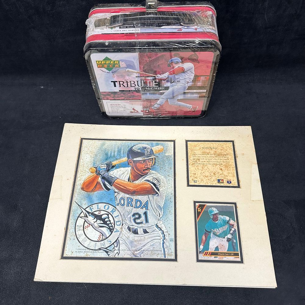 Lot 161: Upper Deck 1999 Tribute to Mark McGwire Lunch Box Tin and 1994 Chuck Carr Florida Marlins Print and
