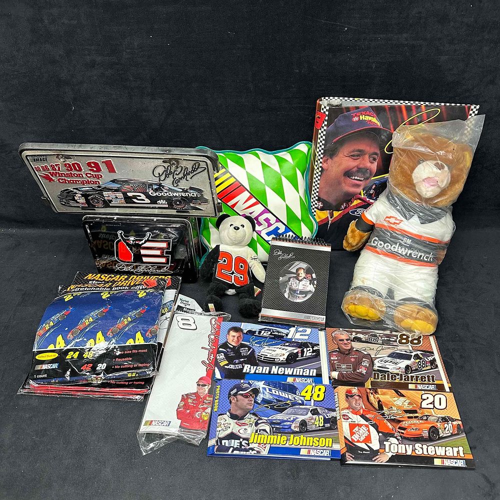 Lot 181: Various Collection of NASCAR Souvenirs Plush Pillow License Lunch Box Photo Book Set of 17