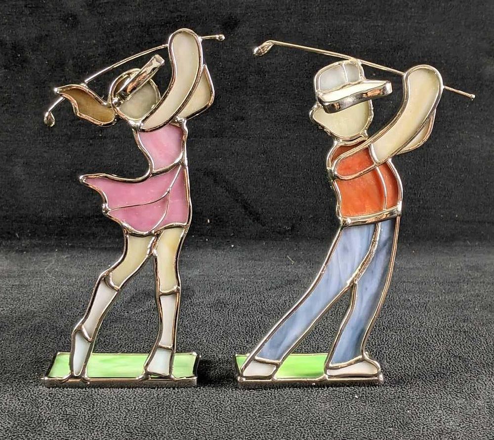 Lot 192: Stained Glass Like Golfer Man and Woman Bookends