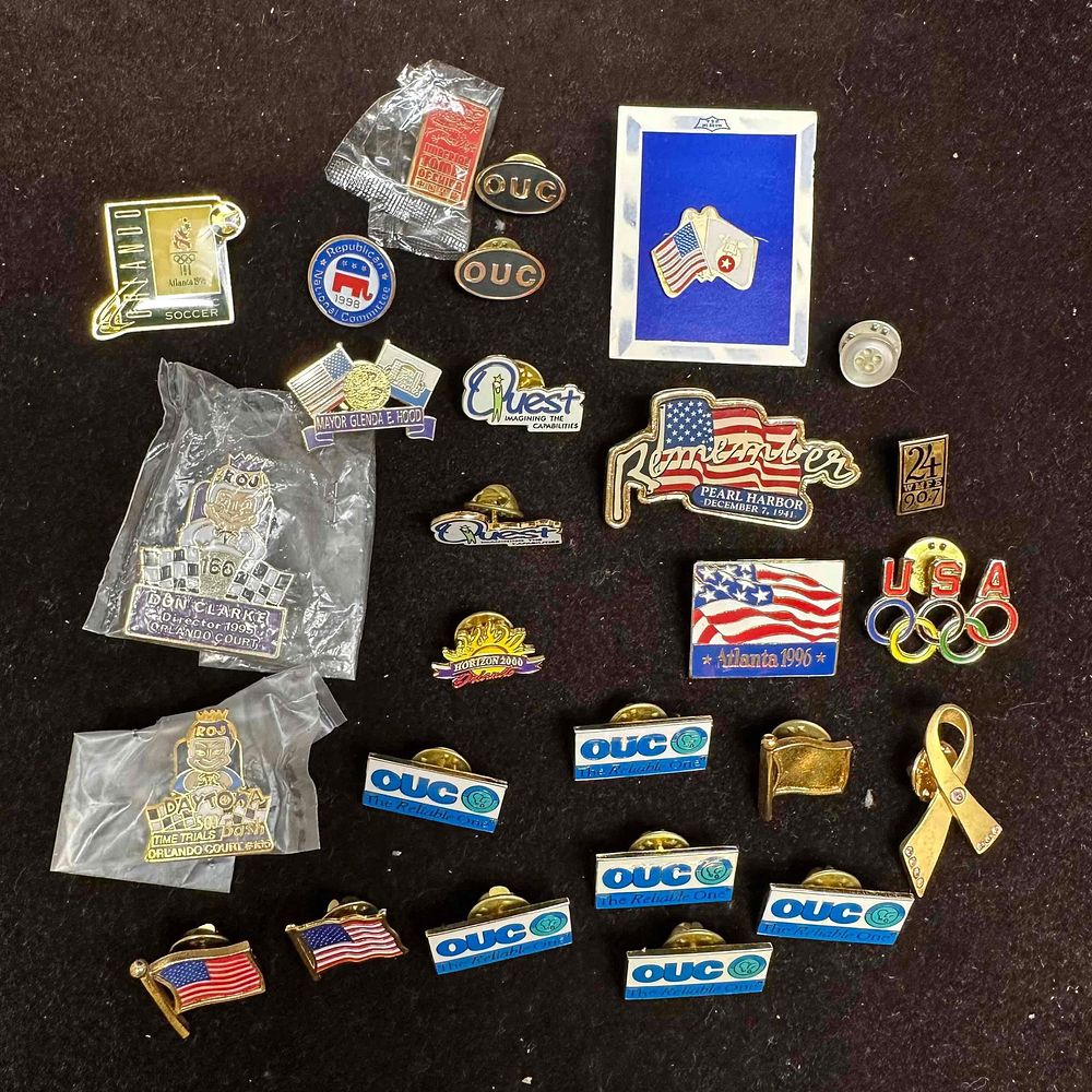 Lot 198: Vintage Enamel Pins Olympics Political OUC Patriotic Daytona Pearl Harbor Atlanta 1996 Pin