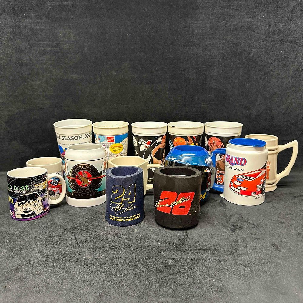 Lot 209: NASCAR Basketball Football Mug Cup Koozie Set Jeff Gordon Helmet