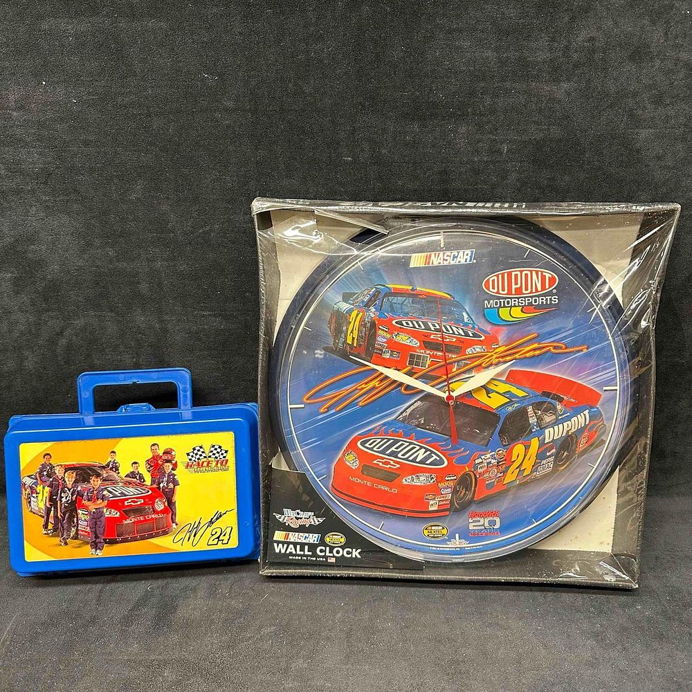 Lot 223: Jeff Gordon NASCAR Wall Clock and Plastic Collectible Case #24 Du Pont Set