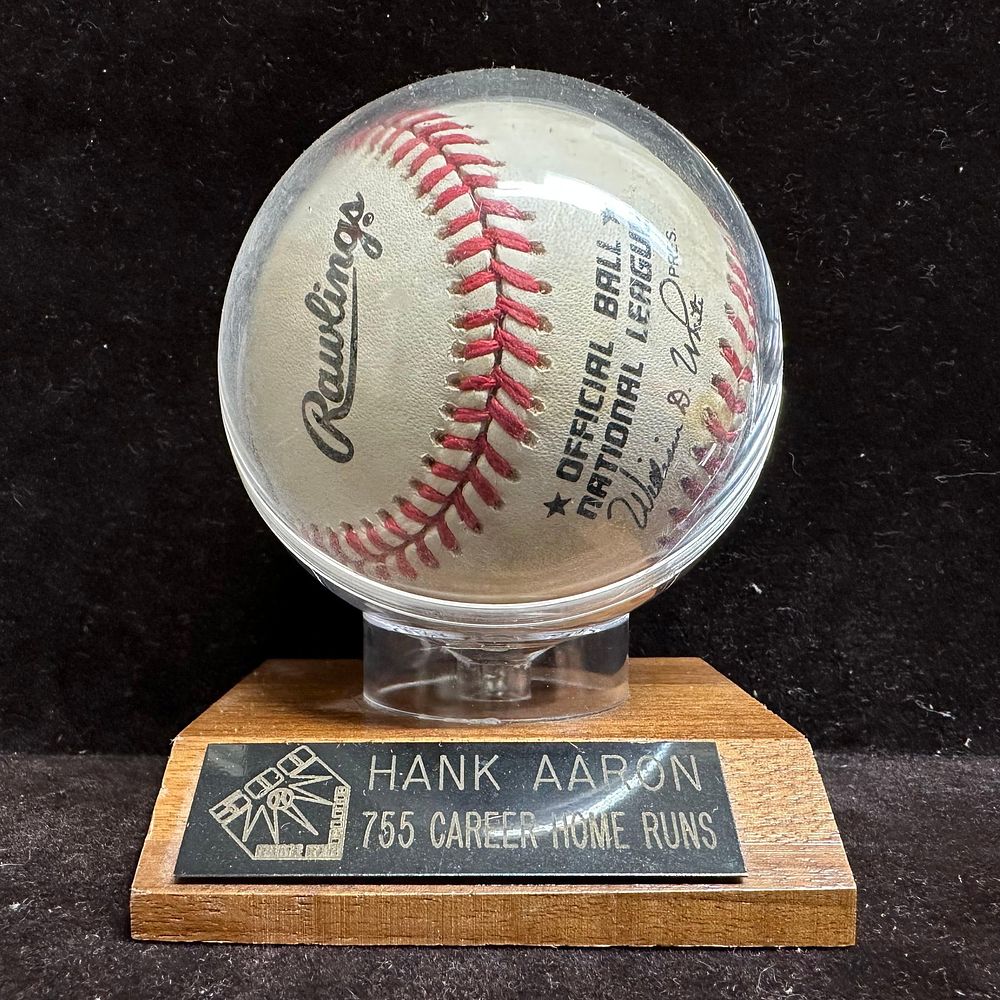 Lot 465: Hank Aaron Signed Official National League Baseball on Commemorative Display Stand