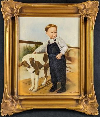 Framed Leon Loard Studio Painting Boy With Dog. Here is an framed "Leon Loard" commission, the 