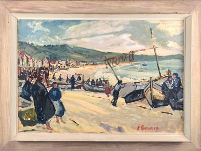 Original oil on wood of an sailing/fishing community by Harold Rotenberg. Framed Original is 