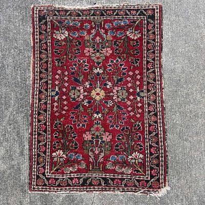 Small Oriental Rug Allover Floral Pattern Red Black Cream Handmade Wool. Each end has some 