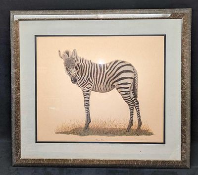 Framed Young Zebra Print By T.H. Farnsworth. The framed print was signed by the artist on the 