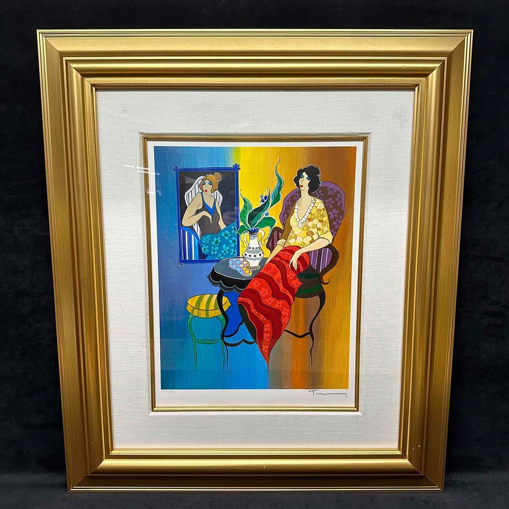 Itzchak Tarkay Lady in Red Shawl Blue and Yellow Wall Framed Serigraph Limited. Limited Edition 