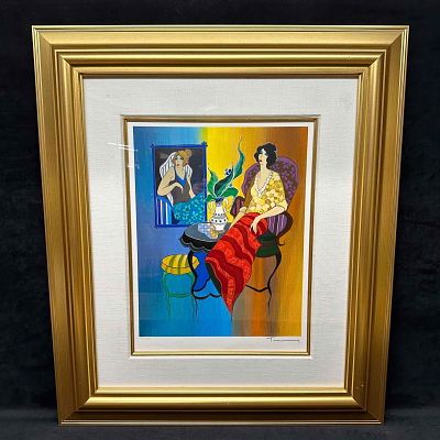 Itzchak Tarkay Lady in Red Shawl Blue and Yellow Wall Framed Serigraph Limited. Limited Edition 