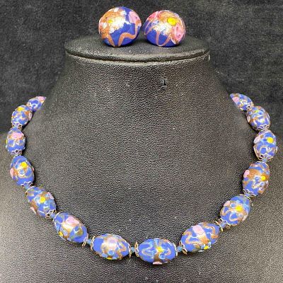 Murano Venetian Art Glass Lamp Work Fiorato Floral Dark Blue Beaded Necklace and Earrings Set 