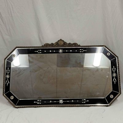 Black Floral Wall Mirror 42" Long Etched Glass Flower Design Wood Resin Frame. Beautiful Black 