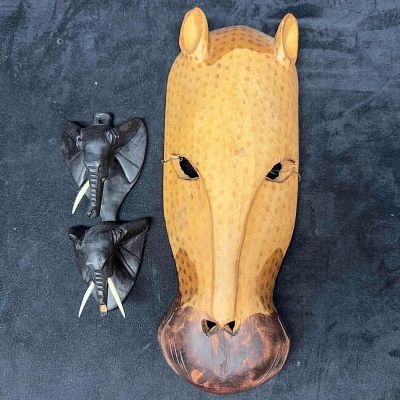 African Mask Kenya Hand Carved Wood Cheetah Cat Wall Art and Elephant Decor. African Mask Hand 