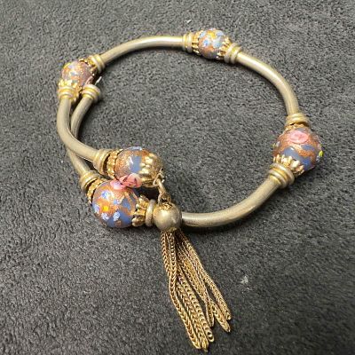 Venetian Murano Lamp Work Glass Art Purple Colored Beaded Bracelet Bangle Tassel F79. Flexible 
