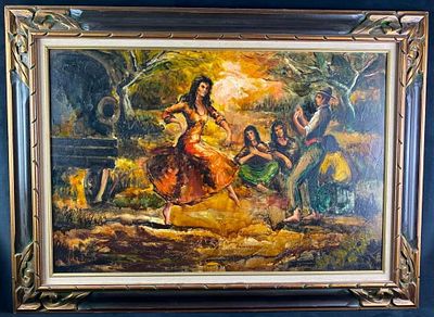 Signed Original Gypsy Painting Vintage oil on canvas gypsy scene with a woman and man dancing 