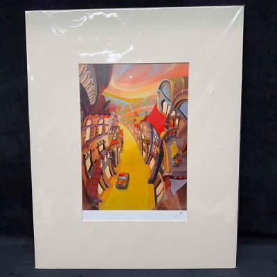 Suro Kim Relaxation Print Signed Surrealistic Street Scene. The print has strong colors. It is 
