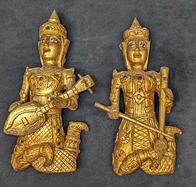 2 Vintage Buddha Musician Gilt Wooden Wall Statues. The lute player is approx 6" x 3" x 12 3/4" 