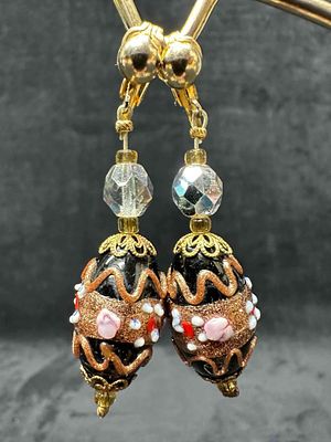Murano Venetian Art Glass Lamp Work Black Floral Copper Dangle Drop Earrings G60. Earrings with 