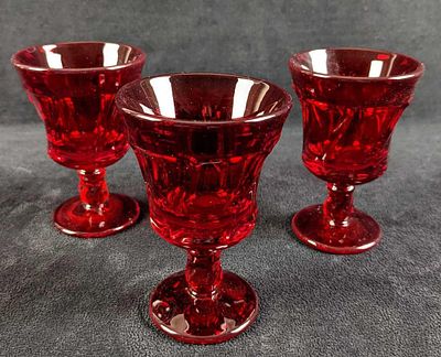 Three Fostoria Jamestown Ruby Juice Glasses. Three Vintage Retired Ruby Fostoria Juice Glasses. 