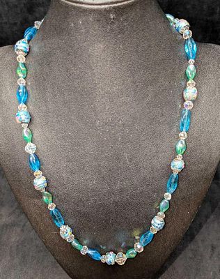 Vintage Italian Murano Blue Art Glass Bead Necklace JJ. Glass beads with hand painted designs. 