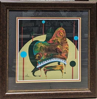 Framed David Marshall Palm Patio Print. Please note, the signature on the print is part of the 
