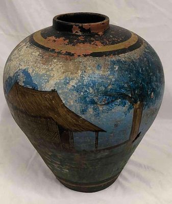 Large Vintage Hand Painted Asian Clay Pot. This lot contains a large vintage Asian hand painted 