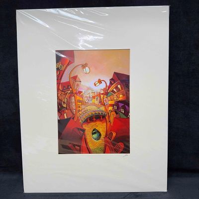 Suro Kim Print Signed Surrealistic Bridge Under Street Lights Boat Scene. The print has strong 