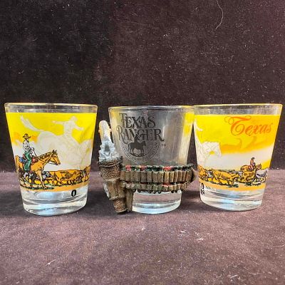 Texas Shot Glass Set of Three Glasses Ranger Hall of Fame Waco Cowboy. This lot of Texas shot 