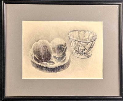 Original Framed Pencil Sketch Fruit And Bowl. Artist is unknown. The framed original is approx 