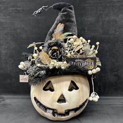 Karen Didion Lighted Fiber Optic White Pumpkin with Black Witch Hat Light Up Decor. Karen Didion 