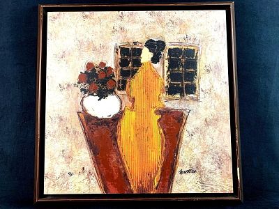 Canvas Print Woman By Windows With Flowers. Bright canvas print with light touches of raised 