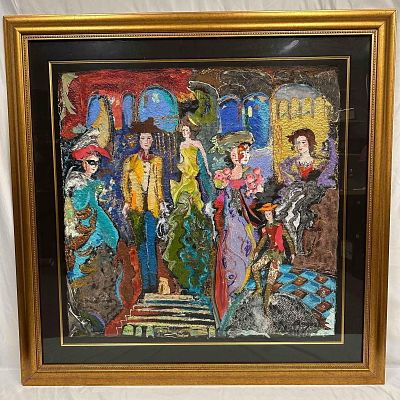 Jane Bazinet Mixed Media Collage Art Painting Colorful Mardi Gras Large Gold Frame. A striking 