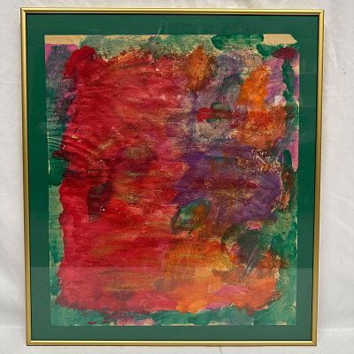 Framed Abstract Mixed Media Painting on Paper Bold Red Purple and Orange. Vibrant abstract mixed 