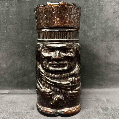 Native American Chief Brown Amber Glass Jar Tobacco Humidor Canister Indian with Lid. Vintage 