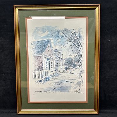 Framed Architectural Street Scene Print Williamsburg John Haymson Barber and Peruke Maker's Shop. 