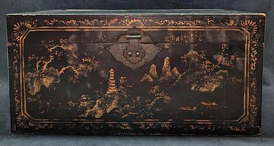 Vintage Asian Style Design Wooden Chest. The maker and date of creation are unknown. The front 