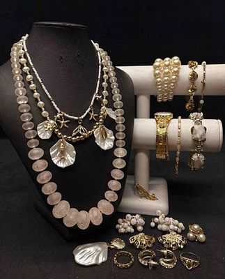 16pc Gold and White Mermaids Vanity Costume Jewelry Collection. This lot contains 16 pieces of 