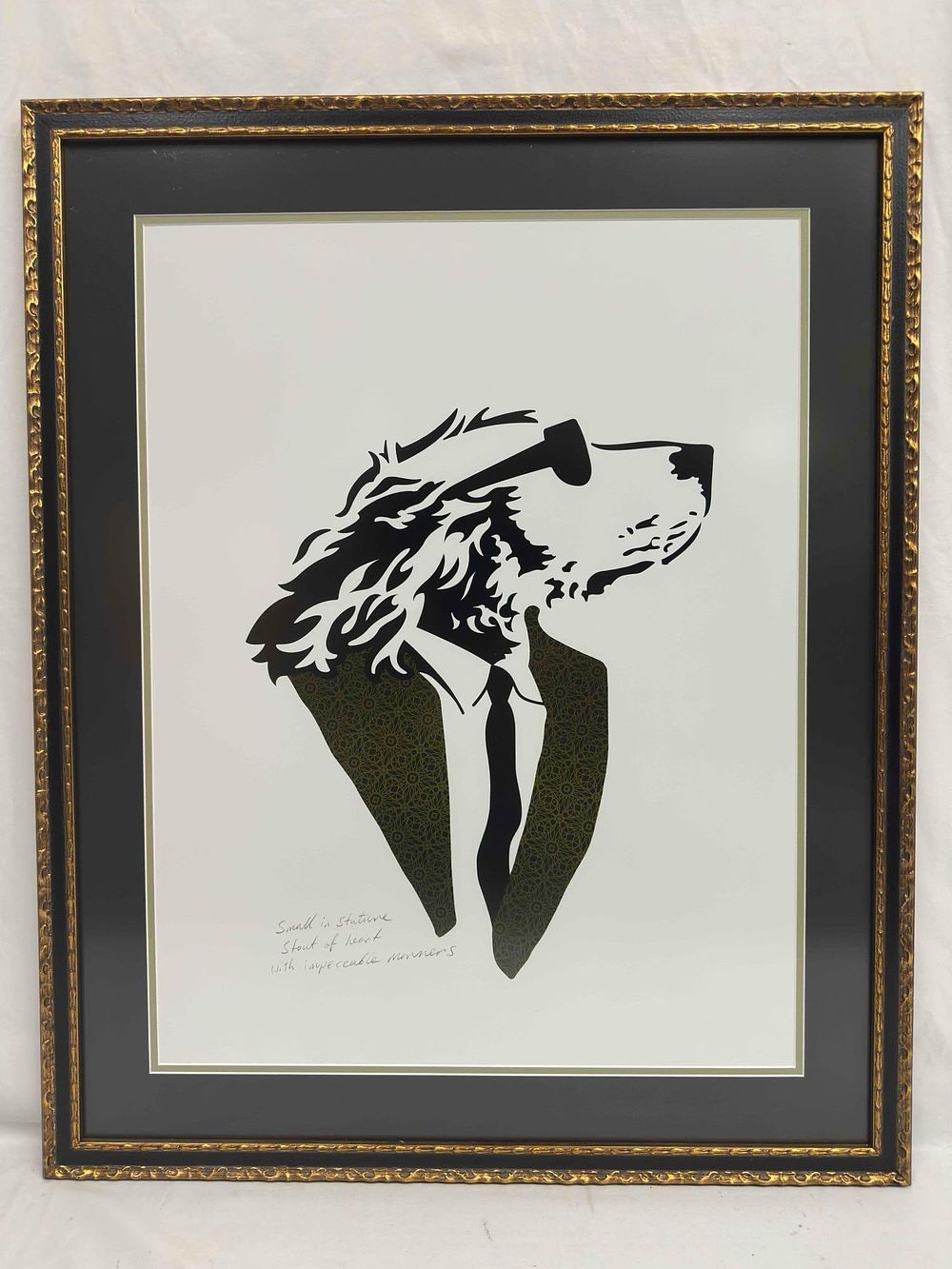 Lonely Dog Green Motif Design Black Suit Jacket and Tie Giclee Framed Ivan Clarke Art Print. 