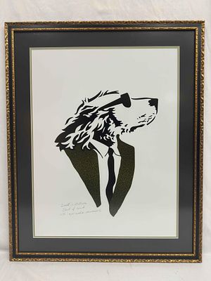 Lonely Dog Green Motif Design Black Suit Jacket and Tie Giclee Framed Ivan Clarke Art Print. 