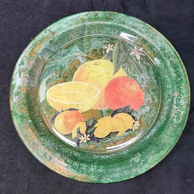 Vintage Transferware Fruit Design Green and Gold Marbled Style Plate by P. Owens 1992. Markings 