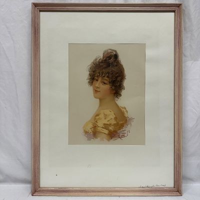 Antique Chromolithograph Portrait of a Woman Circa 1900 Pink Frame. Chromolithograph depicting a 