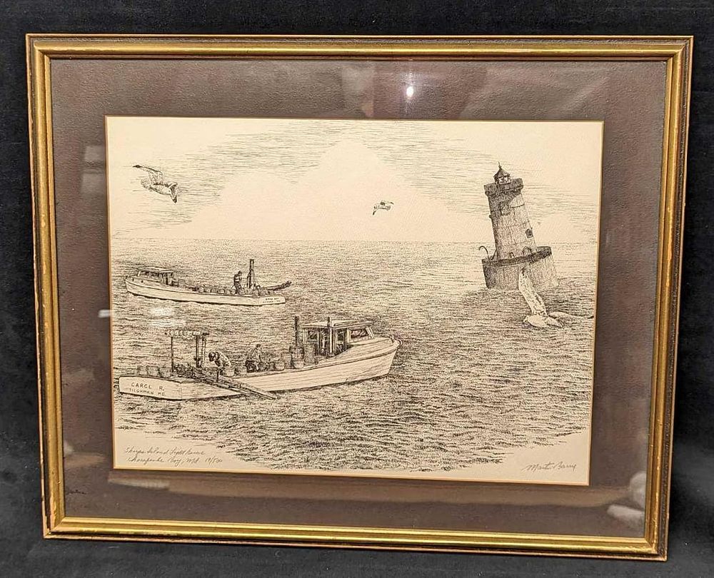 S&N Martin Barry B/W Sharps Island Lighthouse Print. S&amp;N Martin Barry B/W Sharps Island 