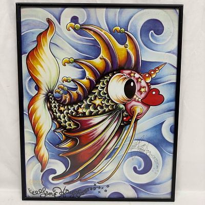 Jamie Hayes Signed Pucker Fish Framed Art Print. Frame shows light wear with scratches on the 