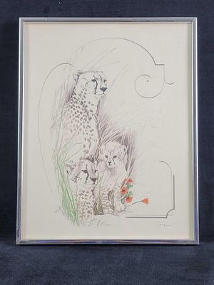 Lithograph of Mother Cheetah and Her Cubs by Tara. Lithograph was created by William Tara. Tara 