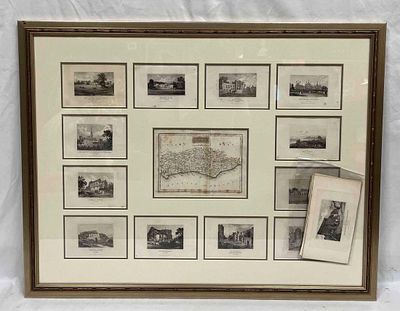 Framed Collection Engravings & A Map From The Excursions In The County Of Sussex Published In 1822. 