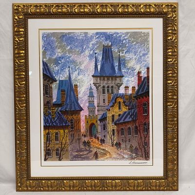 Street of Old Prague Anatole Krasnyansky Seriolithograph on Woven Paper Framed. Street of Old 