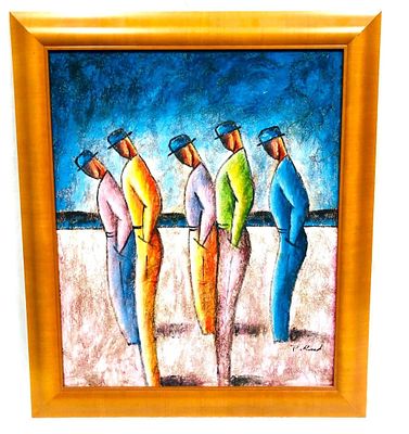 Airbrush Acrylic Copy Of Benyamin Long's "Five Standing Men". This lot contains a Embellished 