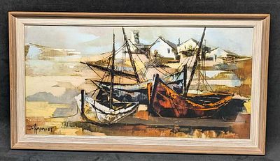 Vintage Framed Jean Amiot Fishing Boats In Harbor. The framed print is approx 29 1/2" x 1" x 