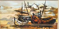 Vintage Framed Jean Amiot Fishing Boats In Harbor. The framed print is approx 29 1/2" x 1" x Image - 1
